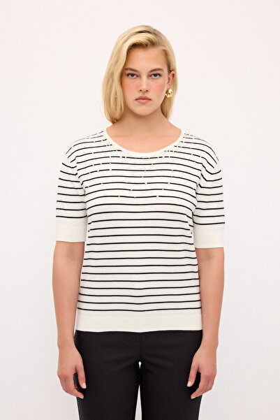 Love My Body İncili Çizgili Triko Kazak
