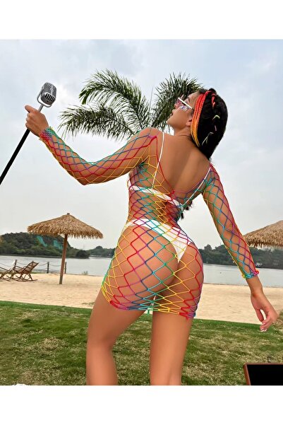 İntive Lingerie Πολύχρωμο φόρεμα με μακρυμάνικο γιακά Madonna με ευρύ πλέγμα σε εισαγόμενα χρώματα Rainbow