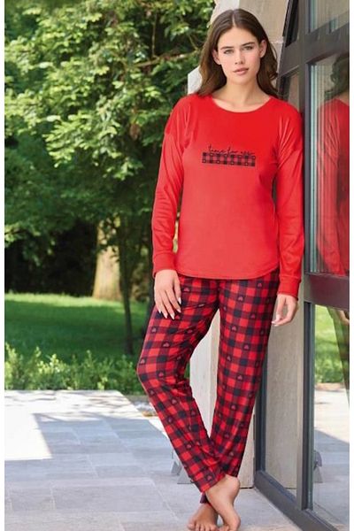 BAHHAR Women's French Velvet Pjama Suit with Red Plaided Sleeves and Legs Cuffs