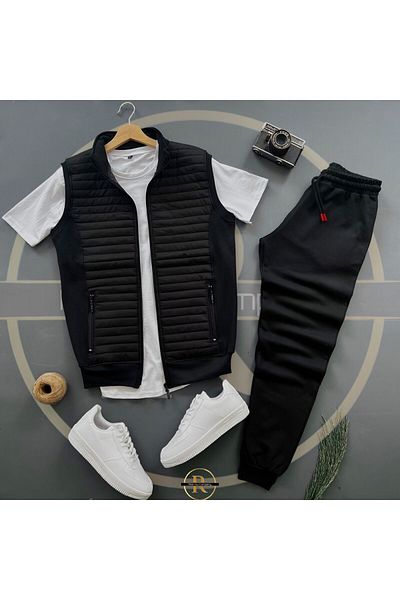 Risil-Nu Company Quilted Vest and White T-Shirt - Black Summer Sweatpants 3-Piece Set