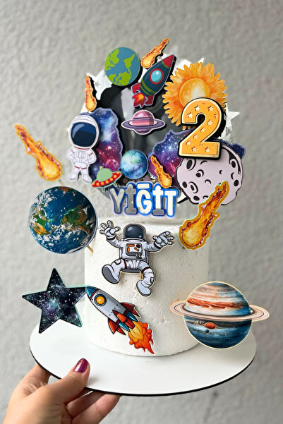 caketopper Uzay Astronot Temalı Erkek Çocuk Doğum Günü Isme Özel 3D Pasta Par...
