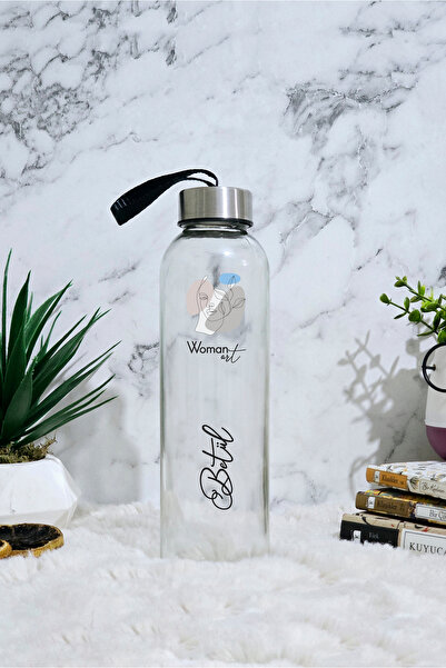 GUPSE Kişiye Özel İsimli Woman Art Tasarımlı Cam Su Şişesi & Matara Siyah Kılıf Hediyeli