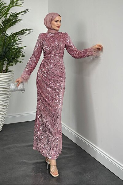 MERVEN AKYÜZ مسحوق فستان سهرة مزين بالترتر من أماليا