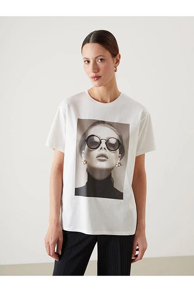 LC Waikiki Lcw Vision Ecru Crew Neck Printed Women's T-Shirt