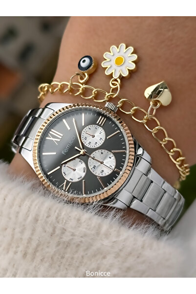 Ferrucci Marka Çelik Kordon Gümüş Rose Renk Kadın Kol Saati + Bileklik Hediyeli