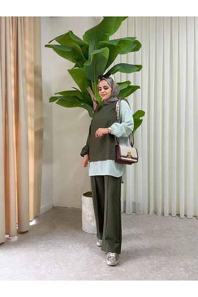 Aselim Hijap Moda طقم أخضر مزدوج مقاس كبير مع تفاصيل قميص الخط