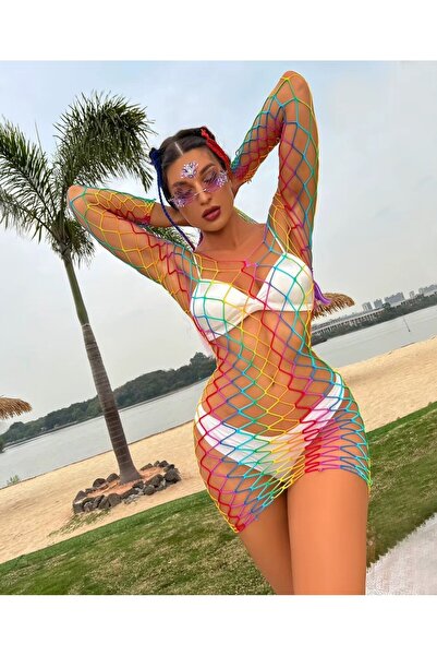 İntive Lingerie Πολύχρωμο φόρεμα με μακρυμάνικο γιακά Madonna με ευρύ πλέγμα σε εισαγόμενα χρώματα Rainbow