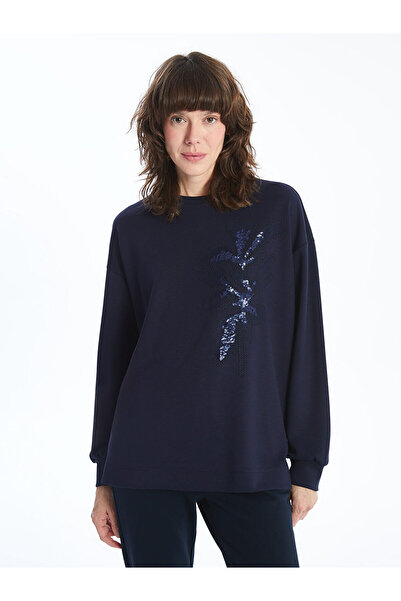 LC Waikiki LCWAIKIKI Basic Bisiklet Yaka Nakışlı Oversize Kadın Sweatshirt