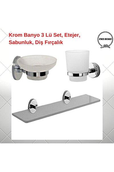 FNDHOME Krom Banyo 3 Lü Set, Etajer, Sabunluk, Diş Fırçalık