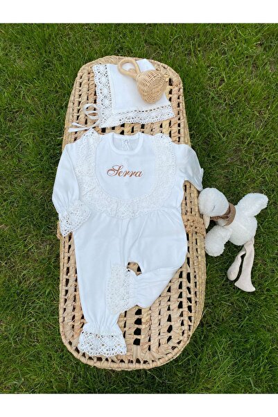 VolleM İsimli Yenidoğan Hastane Çıkışı Nakışlı Dantelli Bonet Tulum 2'li