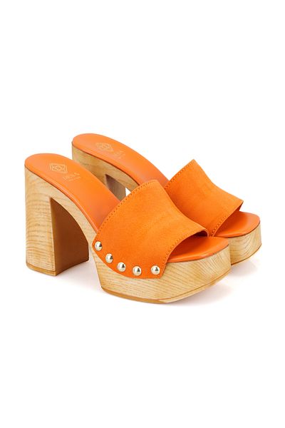 Desa Women's Orange Platform Heeled Suede Leather Slippers