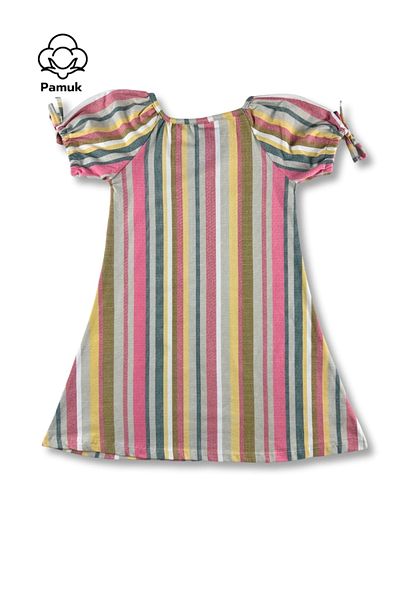 difa kids Colorful Striped Balloon Sleeve Girl's Summer Dress - Casual and Comfortable Design