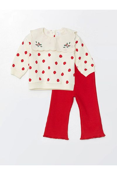 LC Waikiki Lcw Baby - Ecru Embroidered Baby Girl Sweatshirt and Leggings Pants Set of 2