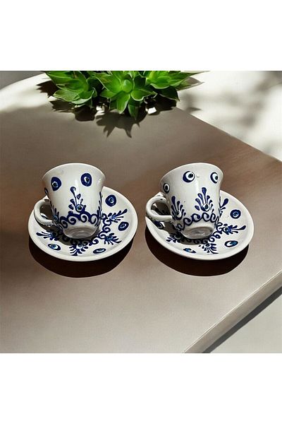 NADİR Evil Eye Bead Embossed Patterned Handmade Cup Set of 2