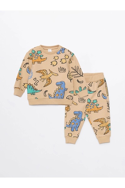 LC Waikiki Lcw Baby Beige Crew Neck Long Sleeve Printed Baby Boy Sweatshirt and Sweatpants Set of 2