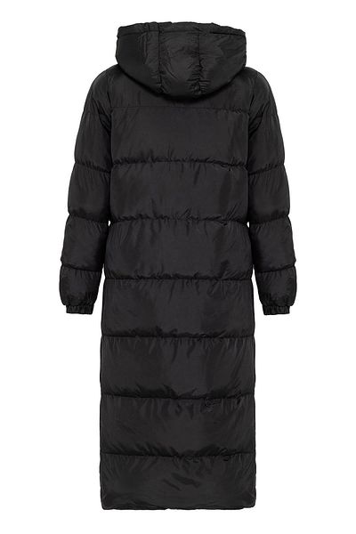 Olcay Schwarze lange Pufferjacke - Kapuze und Reißverschlussdetail 6668