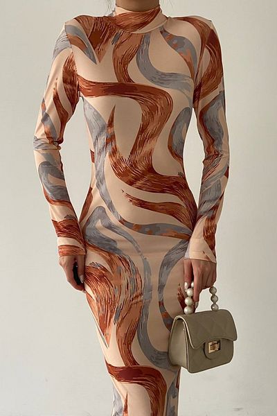 bayansepeti Geometric Pattern Stretchy Digital Printed Fabric Stand Collar Long Sleeve Midi Evening Dress 284