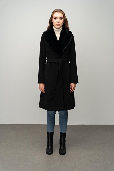 Olcay Yakası Çıkabilen Kürklü Çıt Çıt Kapamalı Belden Kuşaklı Kaban SİYAH 3016