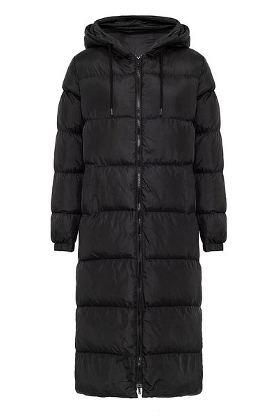 Olcay Schwarze lange Pufferjacke - Kapuze und Reißverschlussdetail 6668