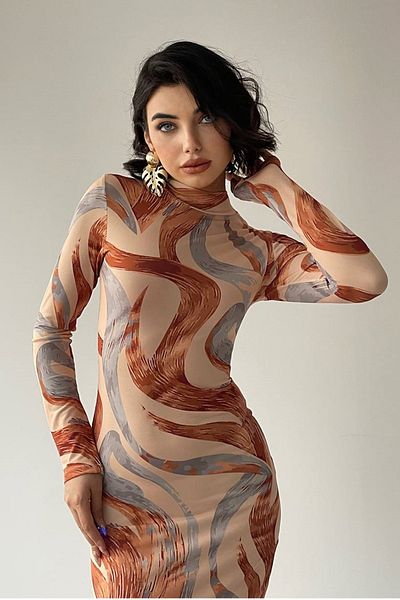 barış sülün lovebox Rochie midi creion cu mânecă lungă, elastică, cu model imprimat digital, pentru femei, cu guler ridicat 284