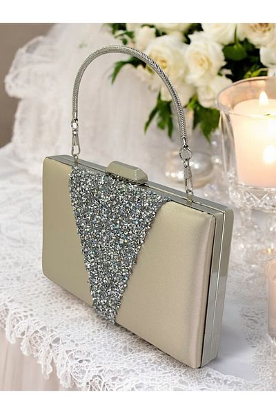 Biçanta Skin Nude Satin Silver Stone Μεταλλική λαβή Βραδινή τσάντα Τσάντα βραδινής τσάντα αρραβώνων Τσάντα γάμου