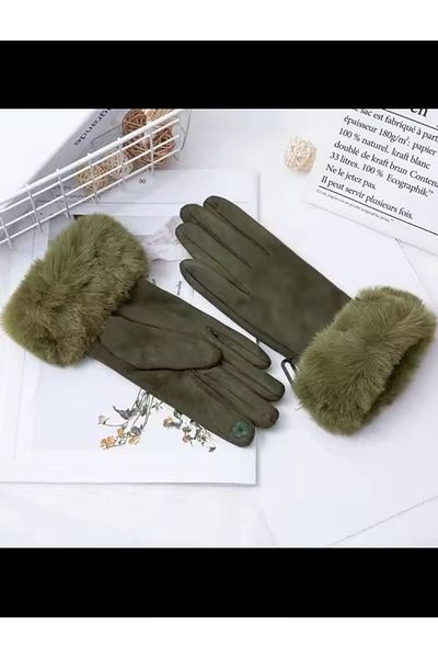 Betülce Velour Three Stripes Plush Winter Touch Soft Windproof Quality Women's Gloves