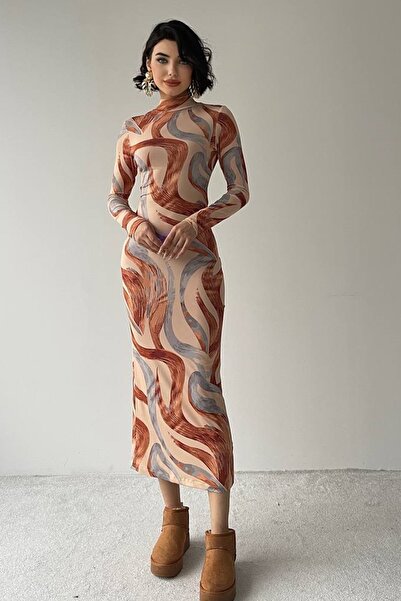 WOMAN VISION Kadın Geometrik Desen Tasarım Dijital Baskılı Esnek Kumaş Dik Yaka Midi Abiye Elbise 284