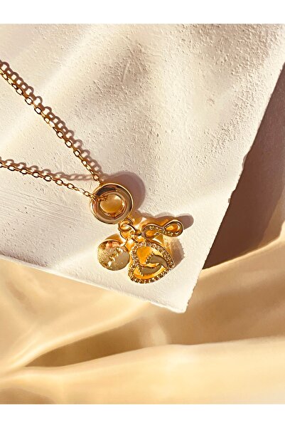 WisstoriaCollections Gold Renk Çelik Zincir Zirkon Taşlı Kalp-anne-bebek Ayak...