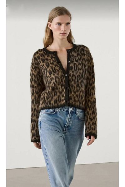 LOBOLIC Cardigan de damă din tricotaj cu imprimeu leopard