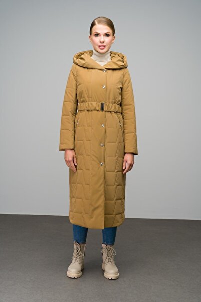 Olcay Quilted Long Coat - Hooded and Snap Closure, KAMEL 6661