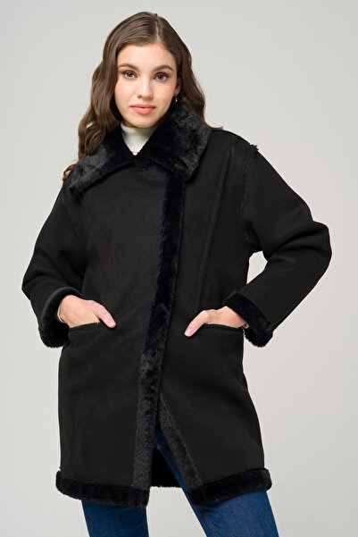 Olcay Semišový kabát s kožešinou se zapínáním na zip ČERNÁ 6513
