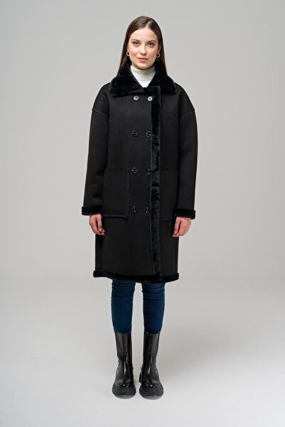 Olcay Dvouřadý semiš / kožich s kapsami na tašce Černá 6496