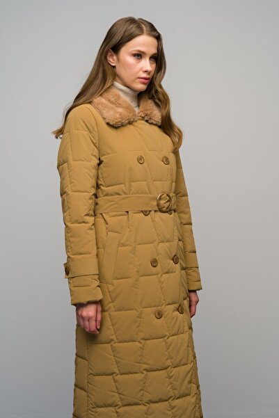 Olcay KAMEL 6660 - Καπιτονέ μακρύ παλτό με διπλό στήθος με γούνινο γιακά