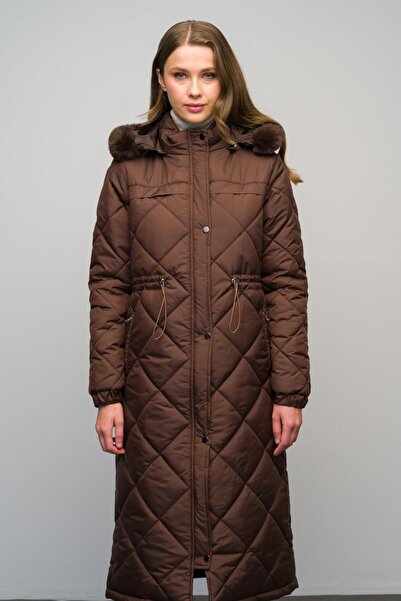 Olcay Odepínací chlupatý kabát s kapucí, dlouhý prošívaný kabát, hnědý 6622