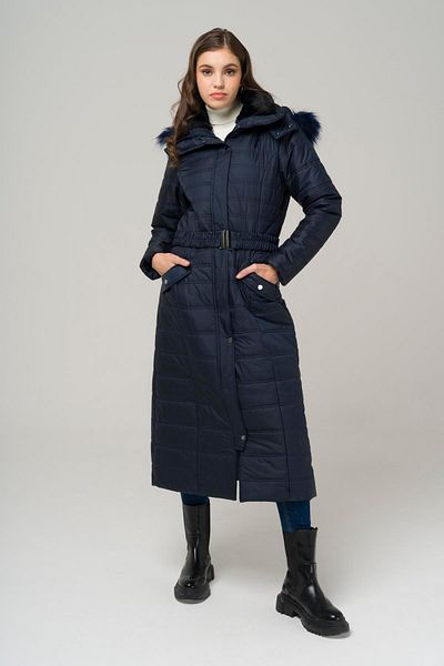 Olcay Removable Fur Hooded Quilted Long Coat with Pocket Zipper Detail DARK BLUE 6525