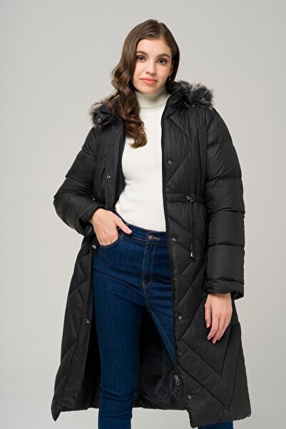 Olcay Odnímatelný dlouhý kabát s kapucí a šňůrkou v pase BLACK 6517