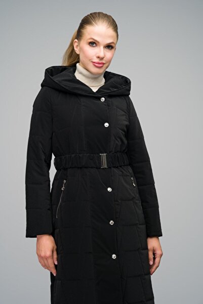 Olcay Černý prošívaný kabát - s kapucí a zapínáním na patentky, dlouhý 6661