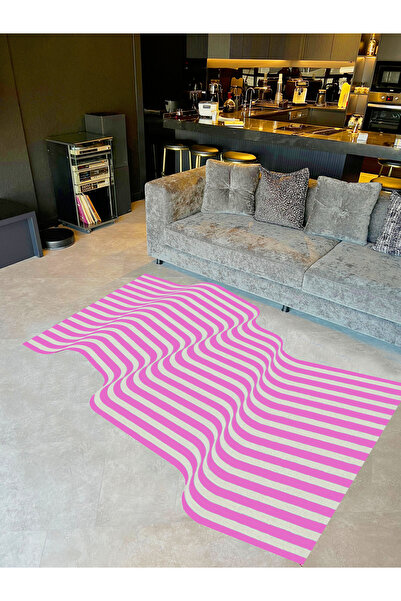 Rugs Modern Halı Rio Koleksiyonu Pembe Beyaz Dalgalı Desen Asimetrik Detay Do...