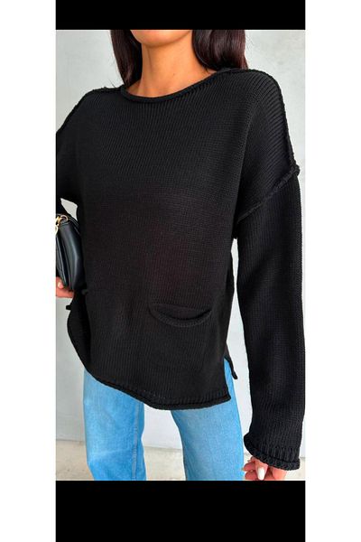 mor butik Pulover negru cu buzunare pentru femei PURPLE BOUTIQUE