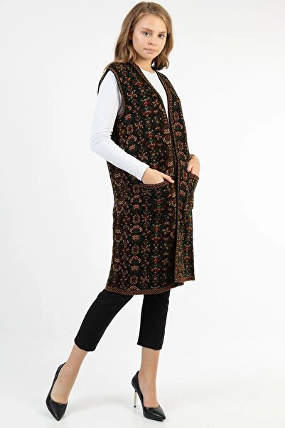 luvise Γυναικείο μακρύ γιλέκο Kilim με μοτίβο λουλουδιών με τσέπες