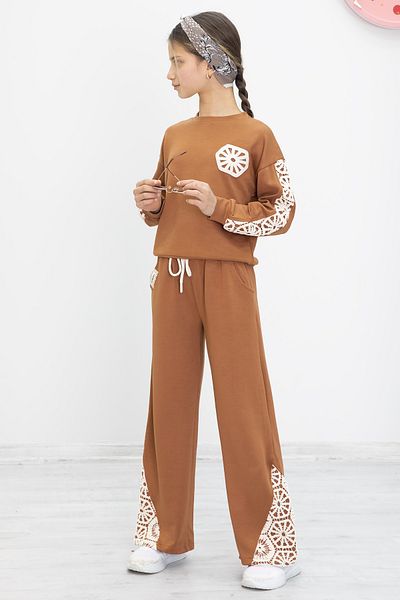 Cansın Mini Tan Lace Embroidered Wide-Leg Pants Set for Girls 19982