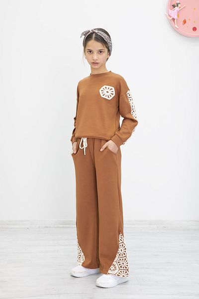 Cansın Mini Tan Lace Embroidered Wide-Leg Pants Set for Girls 19982