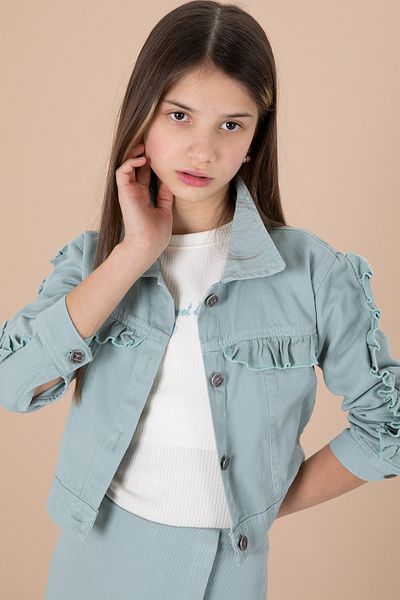 Cansın Mini Mint Ruffle Detailed Jean Jacket Shorts Skirt Girls' 3 Piece Suit 20173