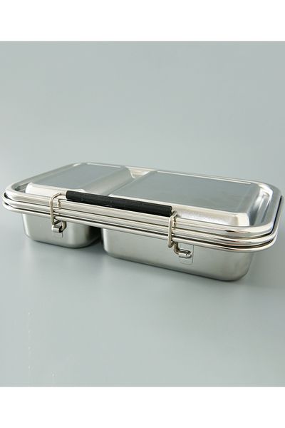 Fab N Funky Stainless Steel Lunch Box, 2 Compartments, BPA-Free, Leak-Proof, 3Y+, Silver