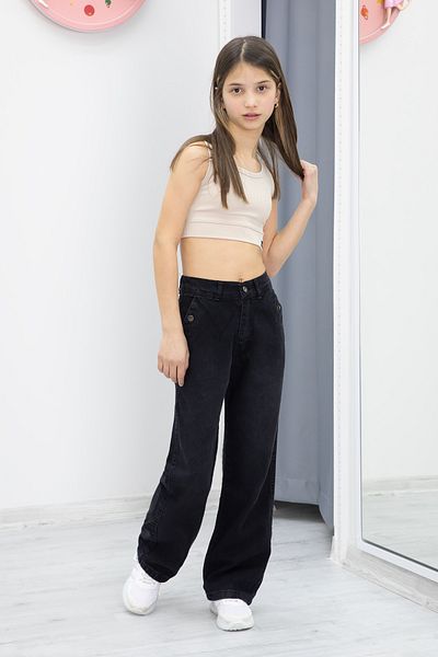 Cansın Mini Pantaloni negri pentru fete, cu talie lată, elastică, 20050