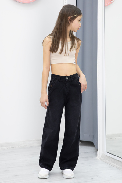 Cansın Mini Siyah Geniş Paça Bel Lastikli Kız Çocuk Jean Pantolon 20050