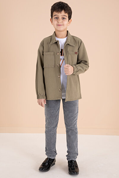 Cansın Mini Boy's 3-Piece Khaki Set - Shirt, Jean Pants and Button Detail 19970