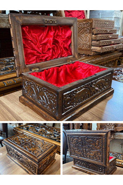 Deco Elit Ceviz Ahşap El Oyması Motifli Mücevher Sandığı Takı Kutusu Kilitli Ahşap Sandık Hediyelik