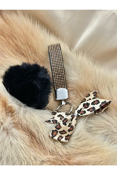 Oasis Life Gold Taşlı Anahtarlık Leopar Kurdele , Büyük Ponpon Koleksiyon