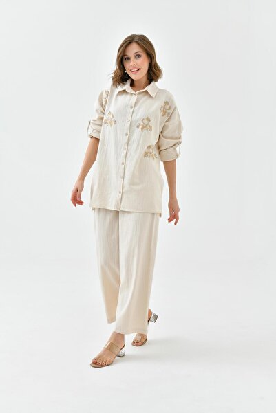 BURRASCA NAKIŞ İŞLEMELİ TAŞLI KETEN GÖMLEK